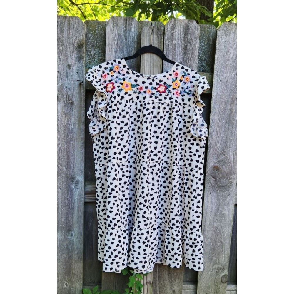 Oddy Size M - L Tiered Ruffle Heart Print Mini Dress Boho Floral Baby Doll